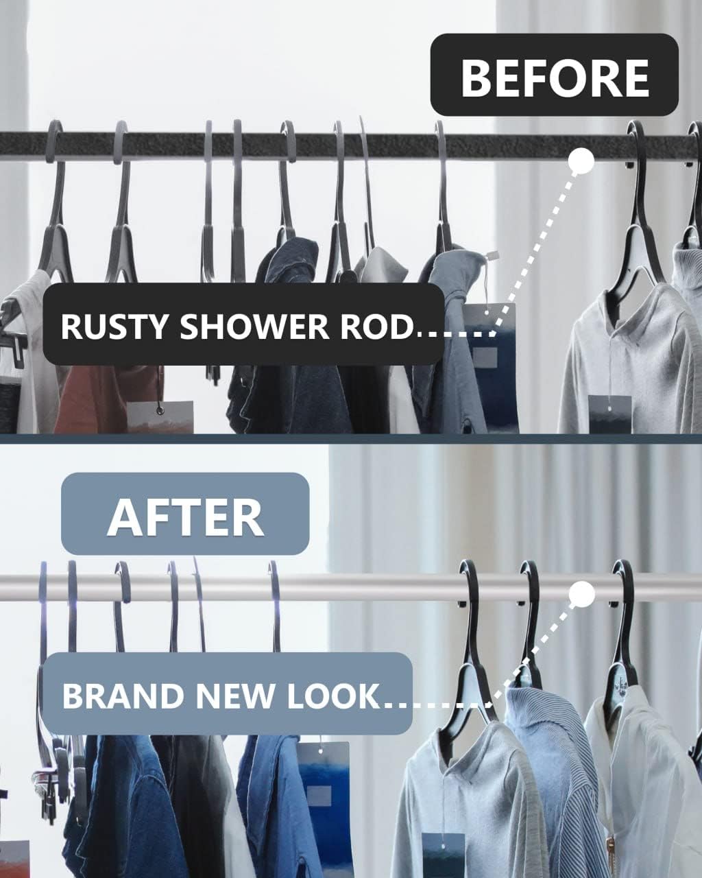 TidyFriend Plastic Shower Rod Cover 58 Inch (2 Covers) - Smooth Glide Shower Curtain Rod Cover for Straight Shower Rods, Rust Cover and Bathroom Decor Upgrade, Easy Slip On Design (Silver)