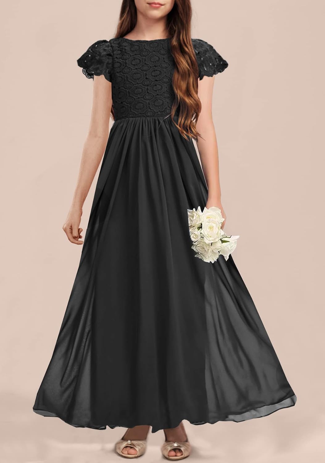 HOSIKA Girls Vintage Chiffon Ruffle Sleeve A-Line Wedding Party Maxi Junior Bridesmaid Dress for Kids 6-12 Years - Image 7