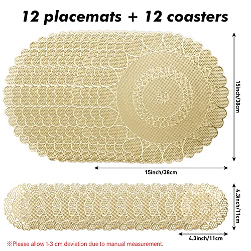 Gold Placemats Set Of 12,12 Pcs Round Metallic Table Mats And 12 Pcs Coasters For Dining Table Valentine's Day Heart Shape Charger Placemats For Wedding,Party,Morden Decoration #TOP1