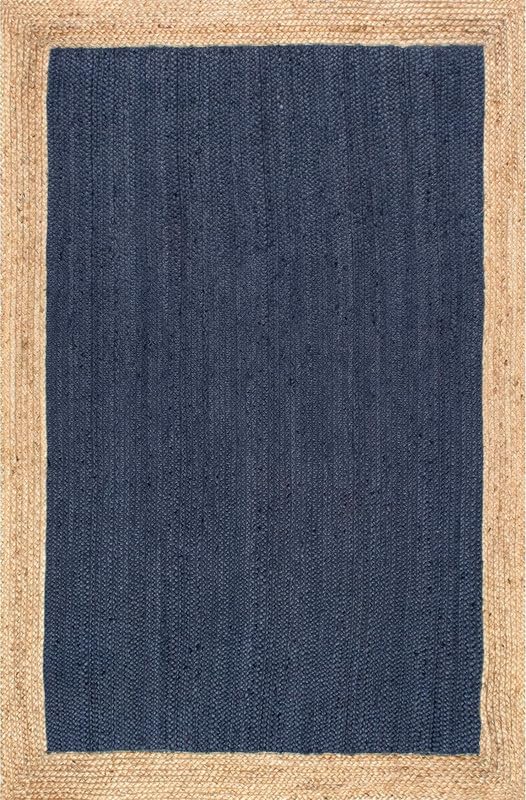 Tapis bohème chic en jute naturelle tressé à la main – Décoration rustique pour salon, salle à manger et chambre à coucher – Bleu marine – 2,1 x 3 m