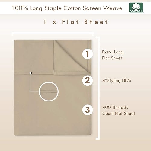 Miniatura 2 de Pizuna - Sábana bajera de algodón suave de 400 hilos, 100% algodón puro de grapas largas, de satén terso, para camas de hasta 38 cm de alto, con