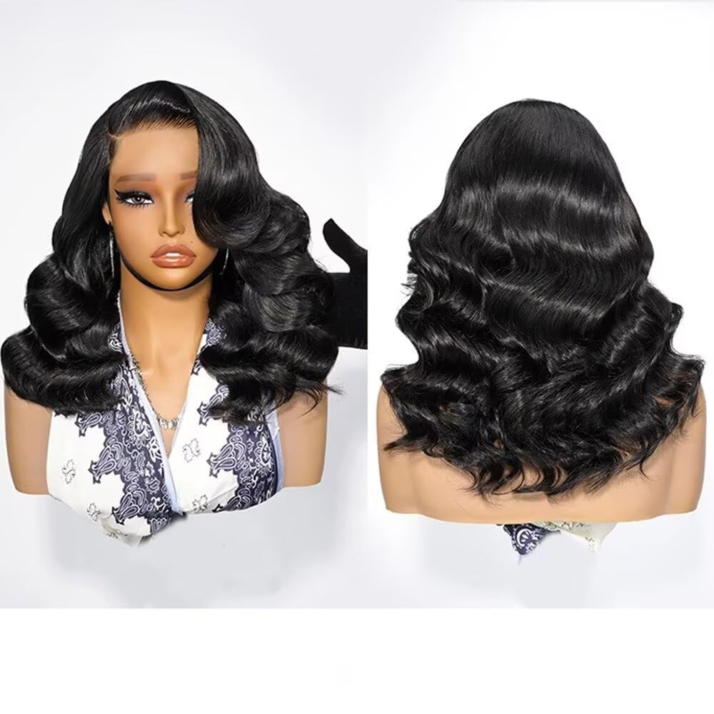 180% Density Short Body Wave Wigs 13X4 HD Invisible Lace Front Wig Human Hair Pre Plucked Bleached Knots Side Part Layered Wavy Short Bob Wigs with Baby Hair For Woman Natural Black 8Inch