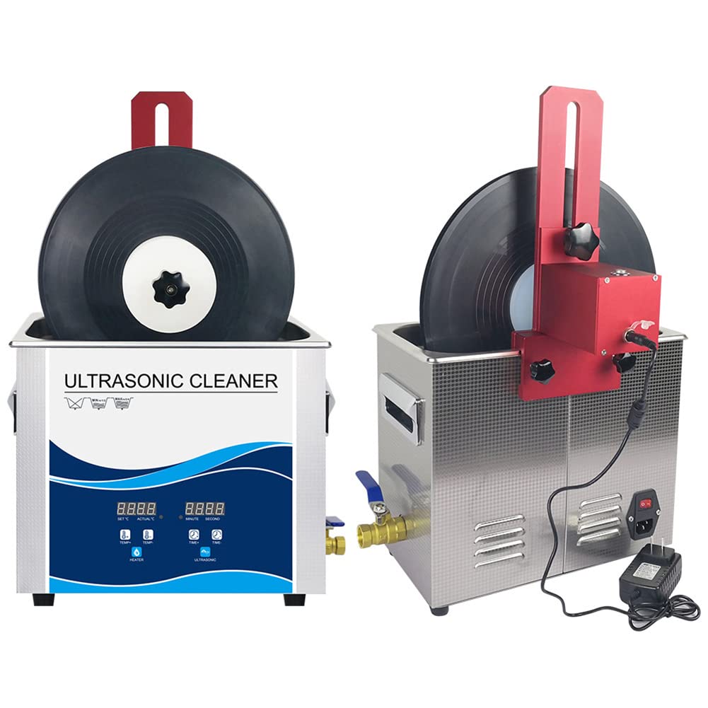 Pulitore di Dischi in Vinile ad ultrasuoni 300W Sistema di Pulizia dei Dischi in Vinile riscaldato da 6,5 Litri con Temperatura e degassamento Regolabili, Staffa di Sollevamento (Red)