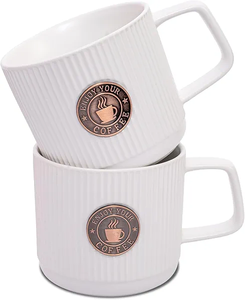 Topadorn Ceramic Coffee Mug 13 Oz Embossment Cups for Latte, Hot Tea, Cappuccino, Mocha, Cocoa, Office Coffee Mug with Gift Box, Set of 2
