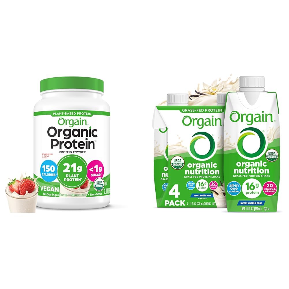 Orgain Organic Vegan Protein Powder, Strawberries & Cream - 21g Plant Based Protein 2.03 lb Organic Nutritional Shake, Vanilla Bean, 4 Count (Packaging May Vary