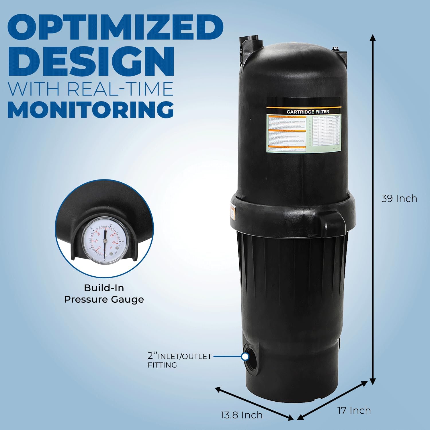 XtremepowerUS 175 sq/ft Swimming Pool Cartridge Filter In-Ground Pool/Spa Swimming Pool Filter for Pool Up to 52,800 Gallons, Pressure Gauge, Filter Included, 2" Inlet/Outlet