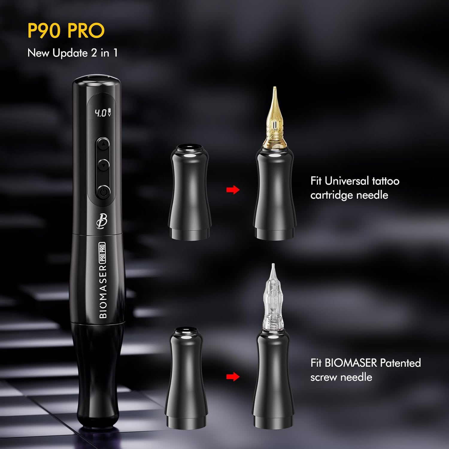 BIOMASER P90 PRO Tattoo Gun Wireless Rotary Tattoo Pen Machine Kit, RCA Jack, Extra Grip for Eyebrow, Lip, Eyeliner, Ombre Powder Brows, Microshading (Black)