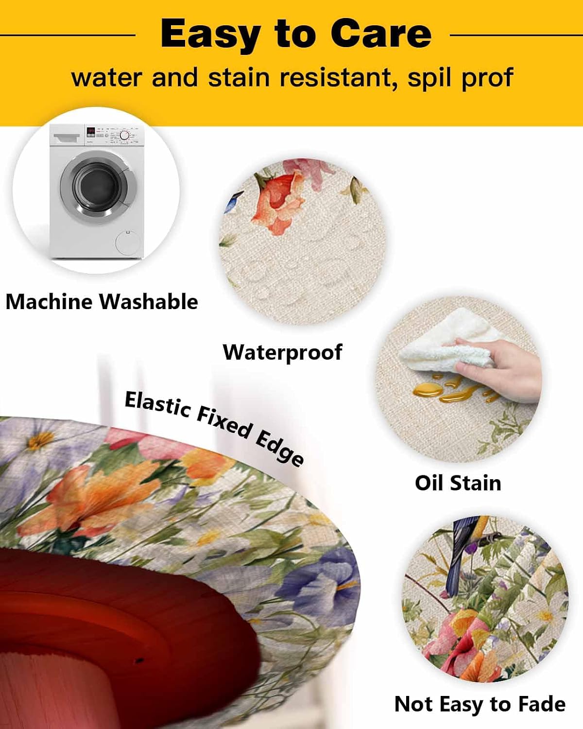 Garden Flower Birds Round Tablecloth Fitted Table Cover, Elastic Tablecloths Waterproof Outdoor Indoor Stretch Cloth Tablecover for Dinner, Party, Shower, Spring Summer Plant Leaves Herbs 55-60IN