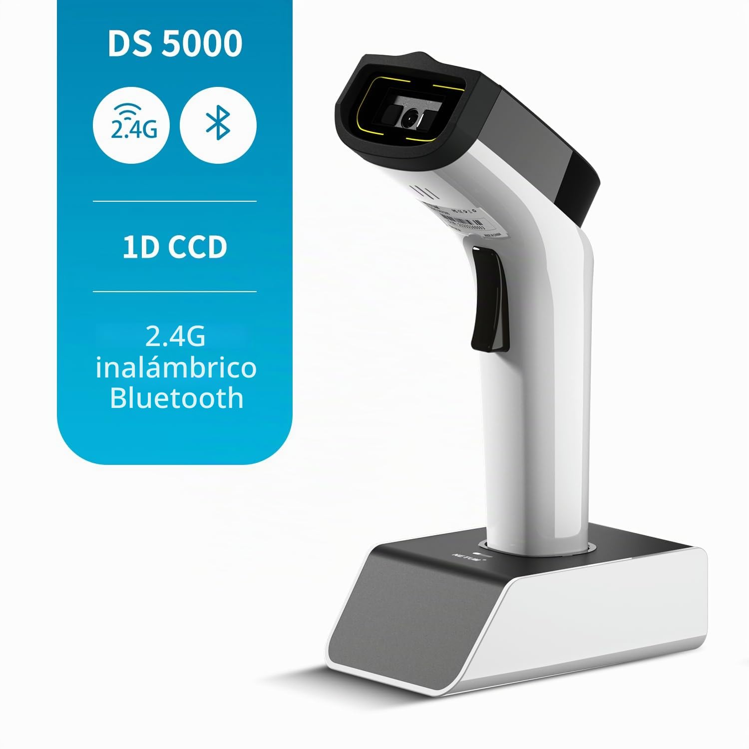 NETUM Escáner de código de Barras CCD inalámbrico 1D Bluetooth automático, con Soporte y Memoria incorporada, Funciona con Mac OS, Windows, iOS, Android, transfiere hasta 50 metros-DS5000