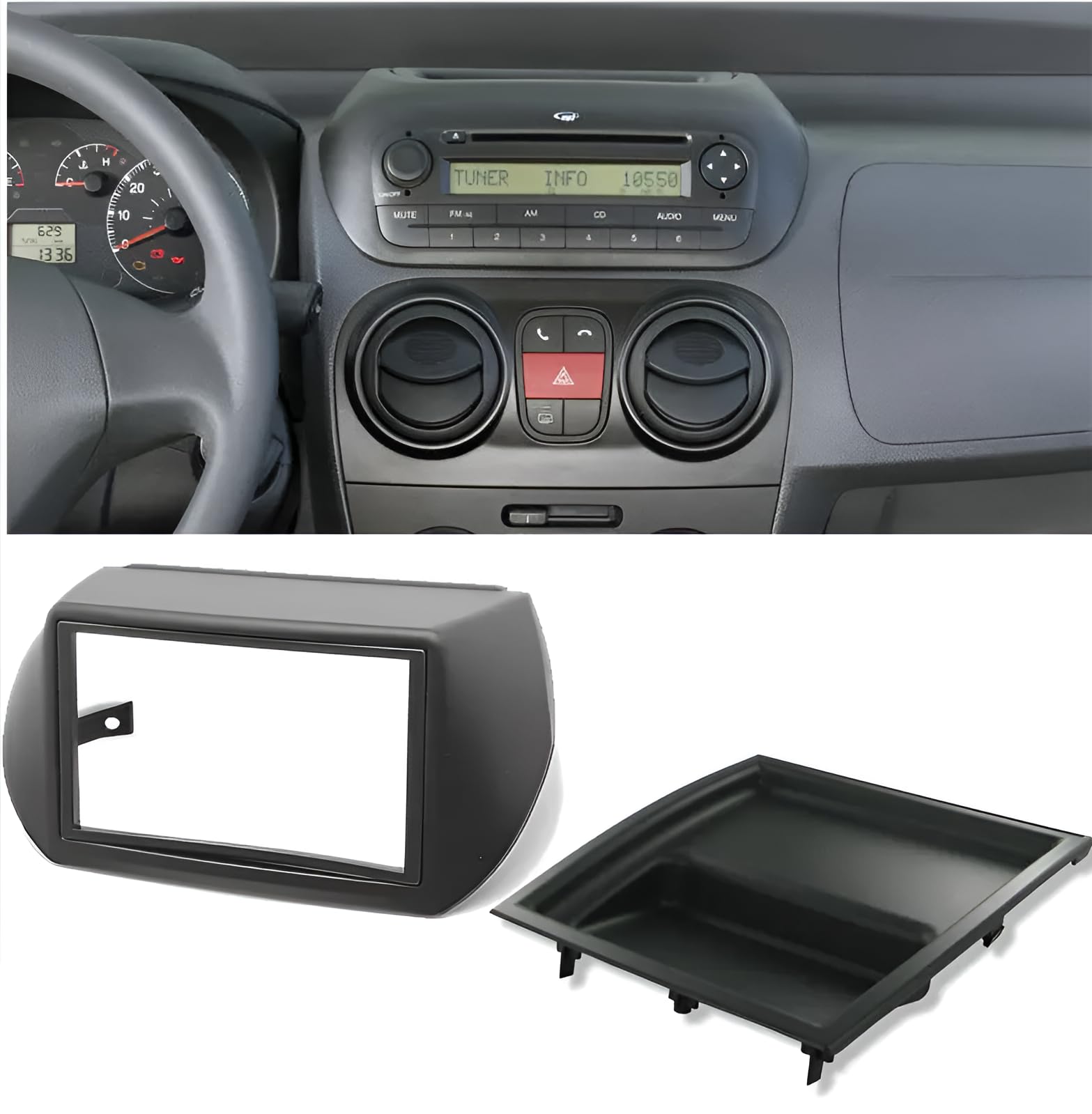 Kit Montaggio Autoradio Sound-way 1DIN/2DIN – Mascherina Nera Per Citroën Nemo, Peugeot Bipper, Fiat Fiorino E Qubo (dal 2008)