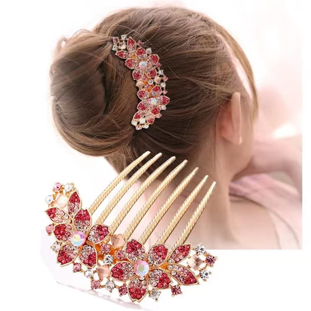 Aimimier Crystal Inlaid French Flower Hair Comb Sparkly Rhinestone Gem Side Combs Long Teeth Hair Pins Styling Hair Accessories for Women Girls(Pink)