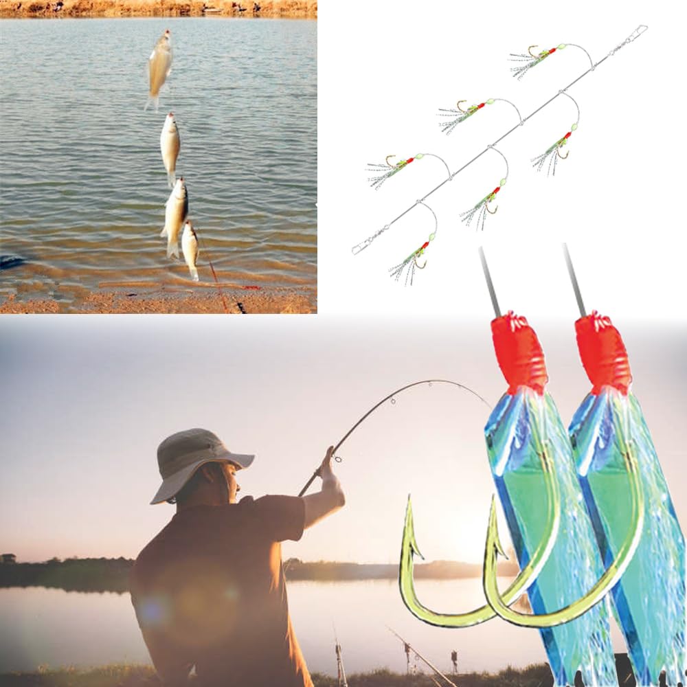 6 Pezzi di Piume di Sgombro,36 Ami in Totale con 3 Misure Attrezzatura da Pesca in Mare Pre-legata con Perline Luminose ed Esca Bionica per Sgombro Merluzzo Merluzzo Bianco e Spigola
