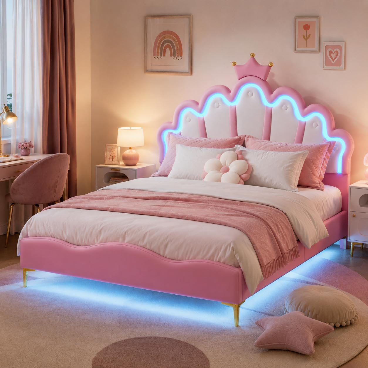 Letto matrimoniale imbottito per bambini, 140 x 200 cm, letto per ragazze con testiera LED imbottita e rete a doghe, in poliuretano, senza materasso (Rosa, 140x200cm)