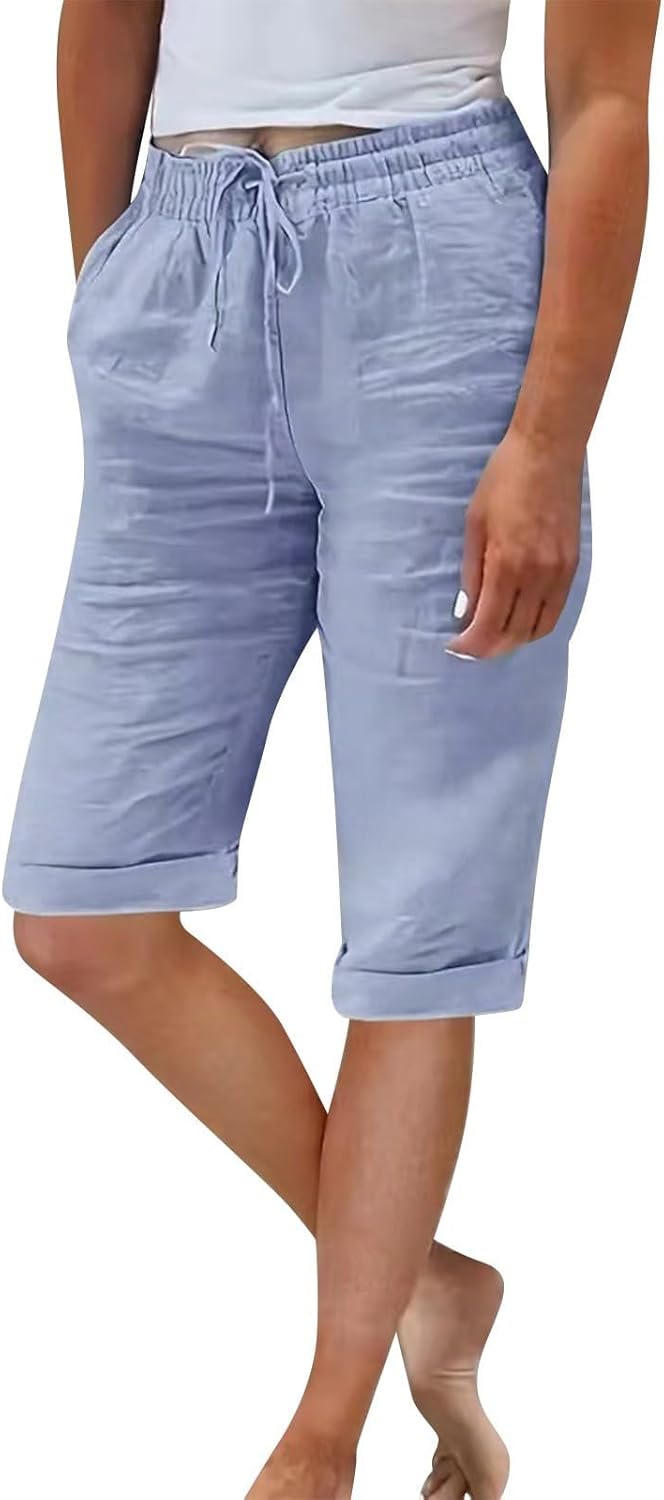 Pinocchietto Été Femme Coton Et Lin Couleur Unie Élastique