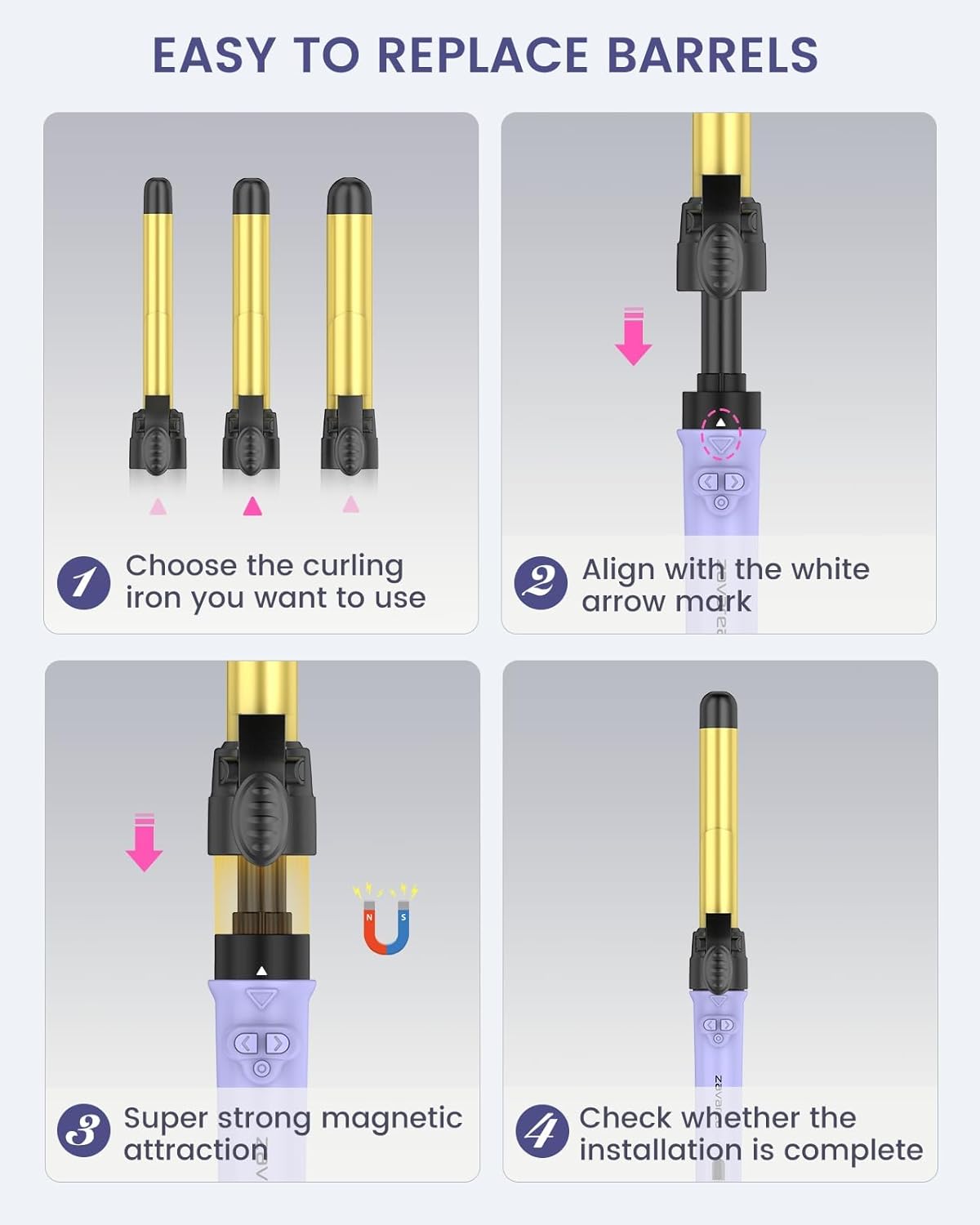 Rotating Curling Iron 3 in 1 Set, Automatic Curling Wand with 3 Interchangeable Ceramic Barrels(0.75" - 1.25"), Instant Heating Hair Culer with 5 Adjustable Temp, Include Heat Resistant Glove & Clips - Image 8
