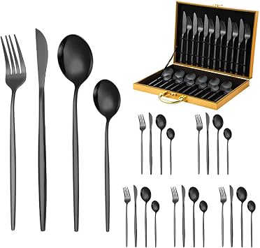 Silverware Flatware Set Service for 6, Flatware Service for 24 PCS Include Knives/Forks/Spoons, for Home, Kitchen, Hotel, Formal Events, Dishwasher SafeSizeC,ColorBlack