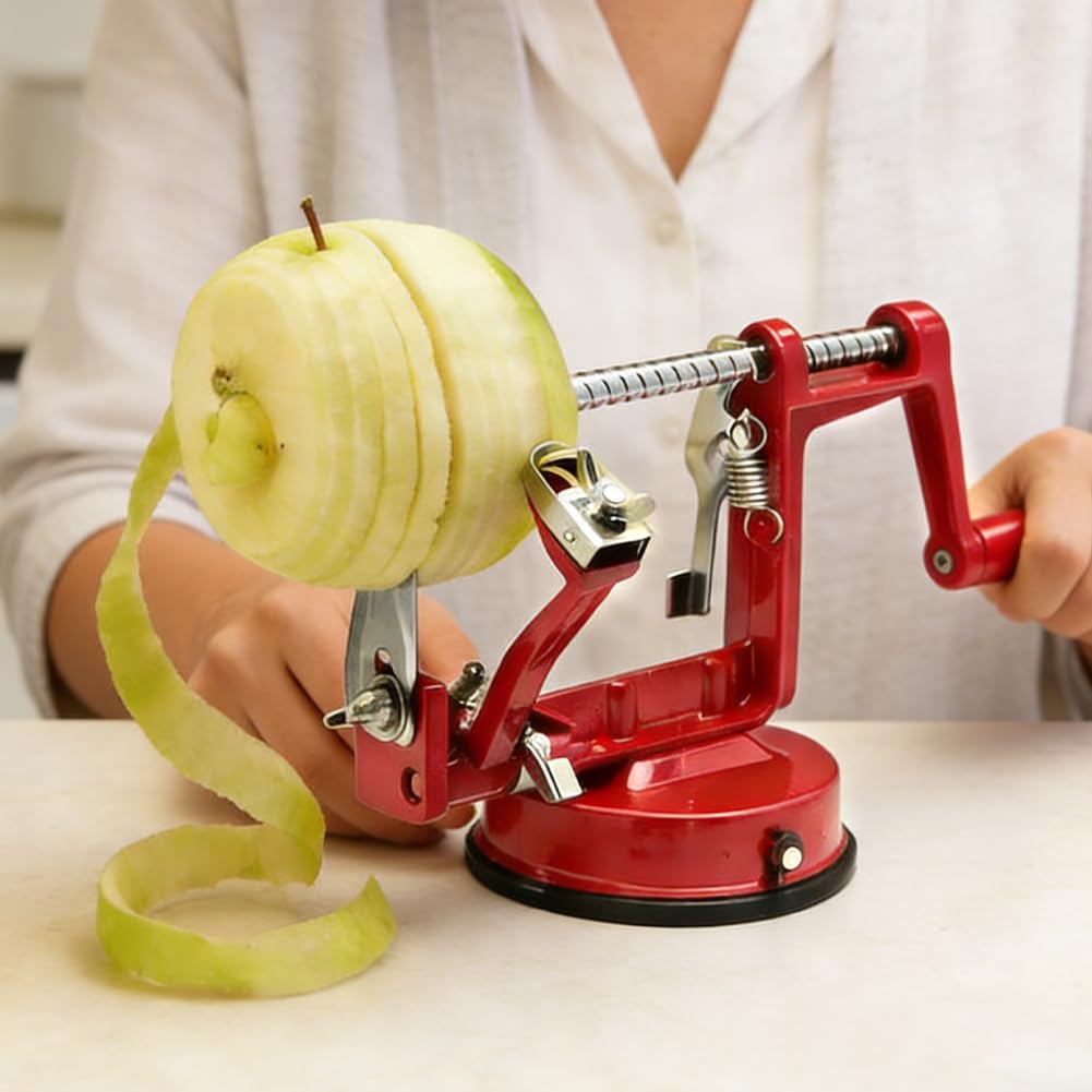 Apfelschäler 3 In 1 Mit Kurbel, Apfelschneider, Apfelentkerner, Apfelschälmaschine Mit Stahlklingen, Multifunktionale Schälmaschine Für Obst Und Gemüse, Rot