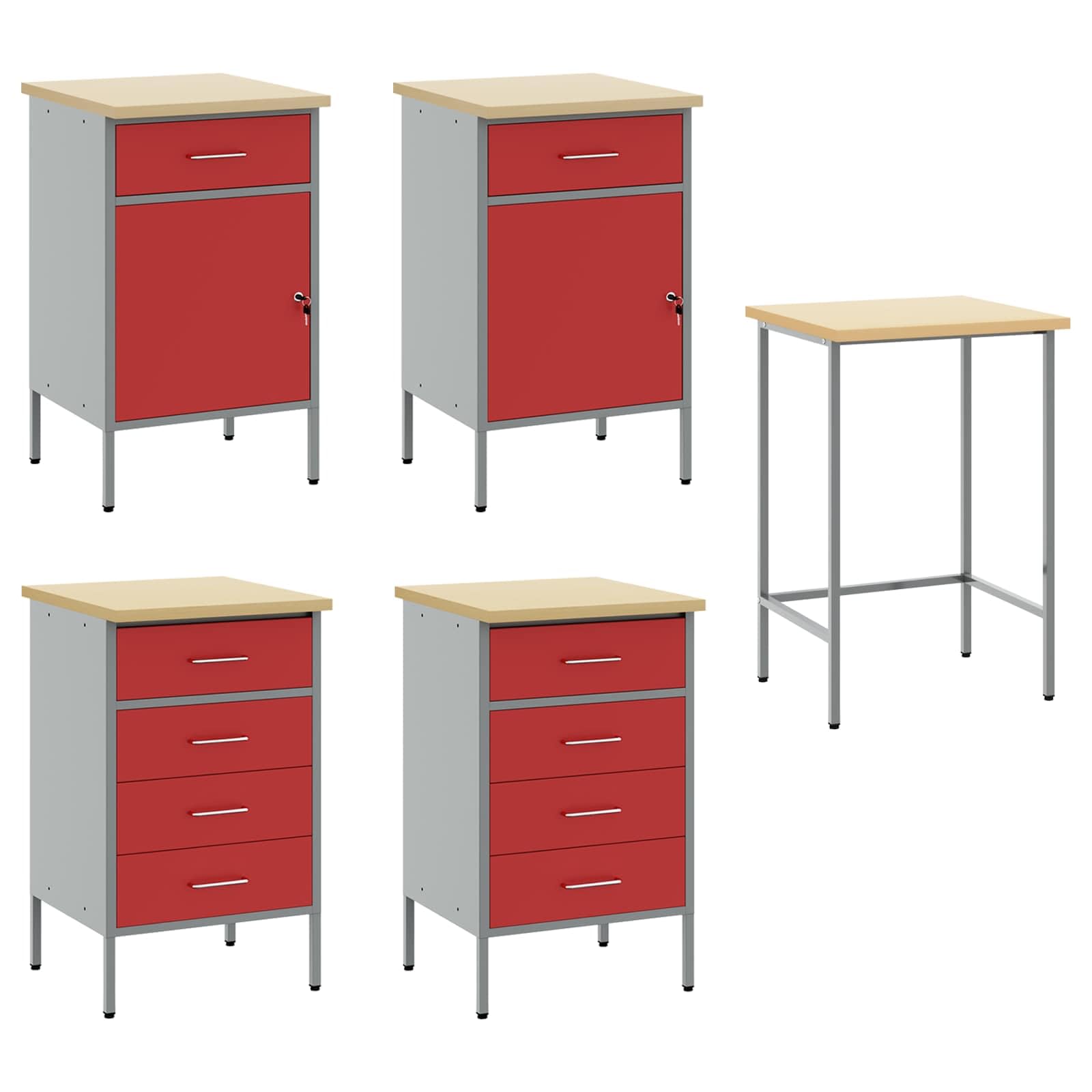 BANCO DA LAVORO CON CASSETTI 3 PEZZI ROSSO E GRIGIO 150x55x85 cm Armadio da officina in legno e acciaio resistente con ripiani e scomparti per attrezzi
