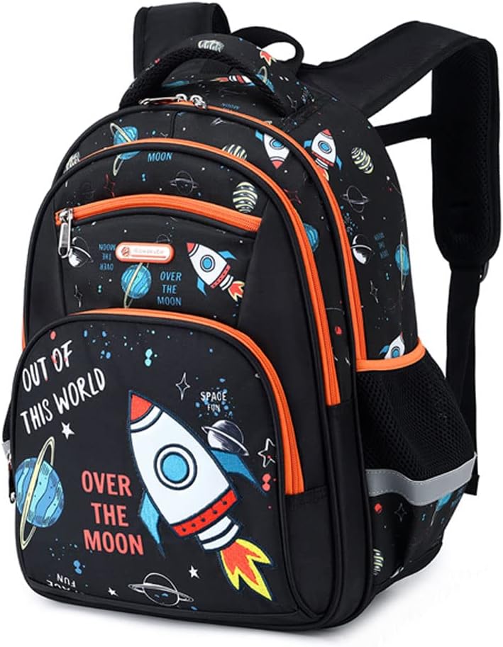 CusangelKids Backpack, Boy16 Inch Kindergarten Elementary Preschool Multi Compartment Backpack, Chest Strap Side Pockets, 6 Kid Backpack Rocket