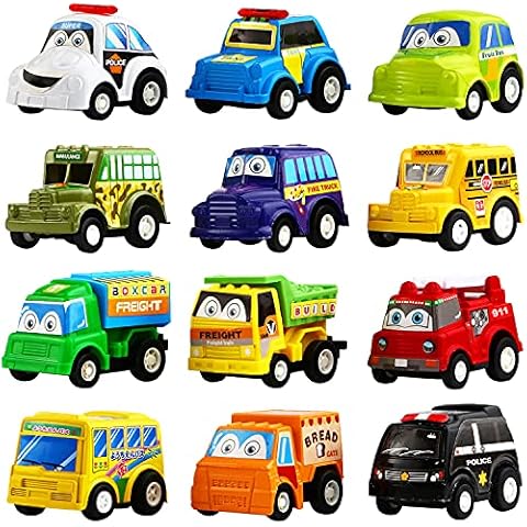 Funcorn Toys Pull Back Car, 12 Pack Assorted Mini Plastic Vehicle Set, Pull Back Truck and Car Toys for Boys Kids Toddler Party Favors,Die Cast Car Toy Play Set Cover