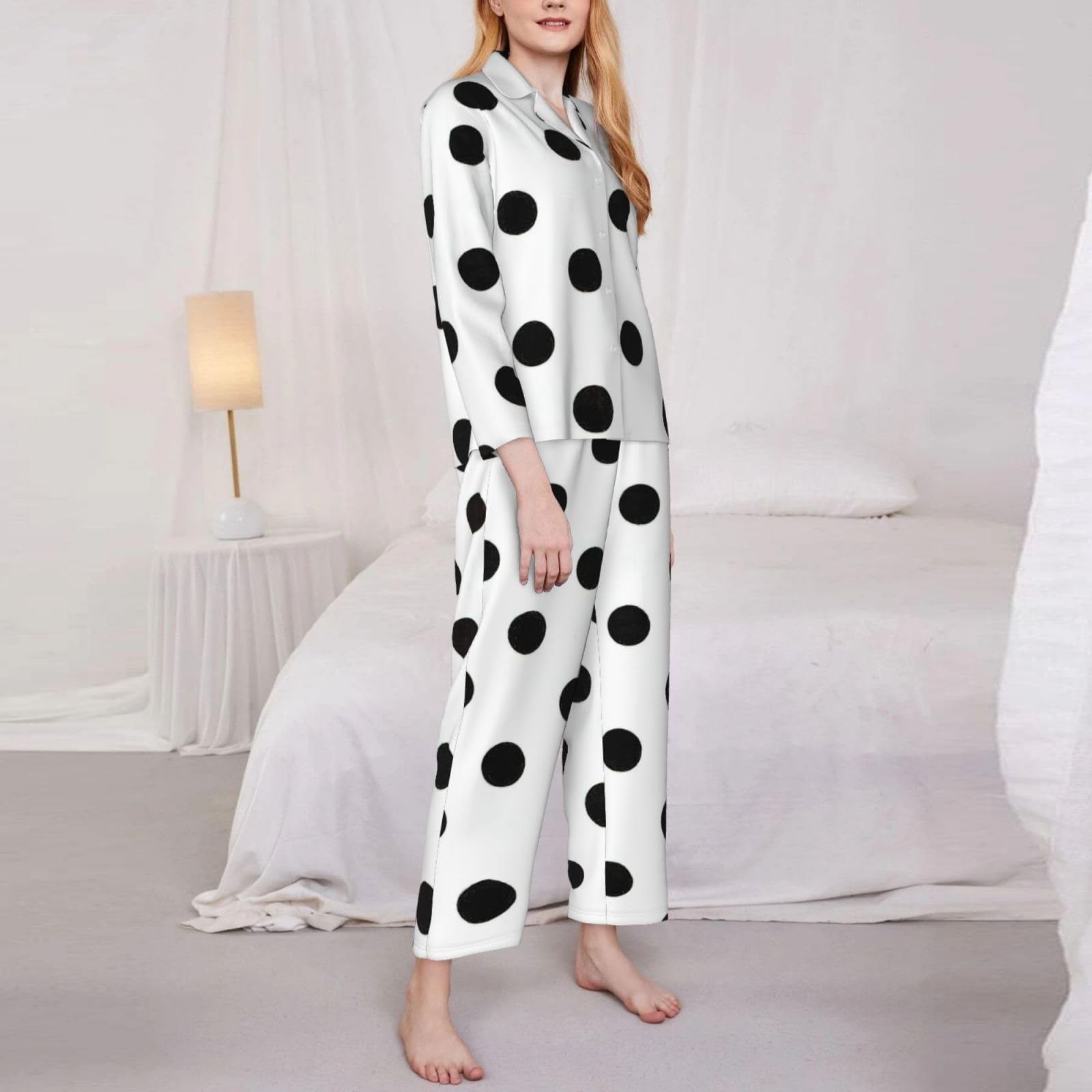 Pigiama da donna a maniche lunghe con stampa a pois morbido set da notte in due pezzi biancheria da notte giorno downtime