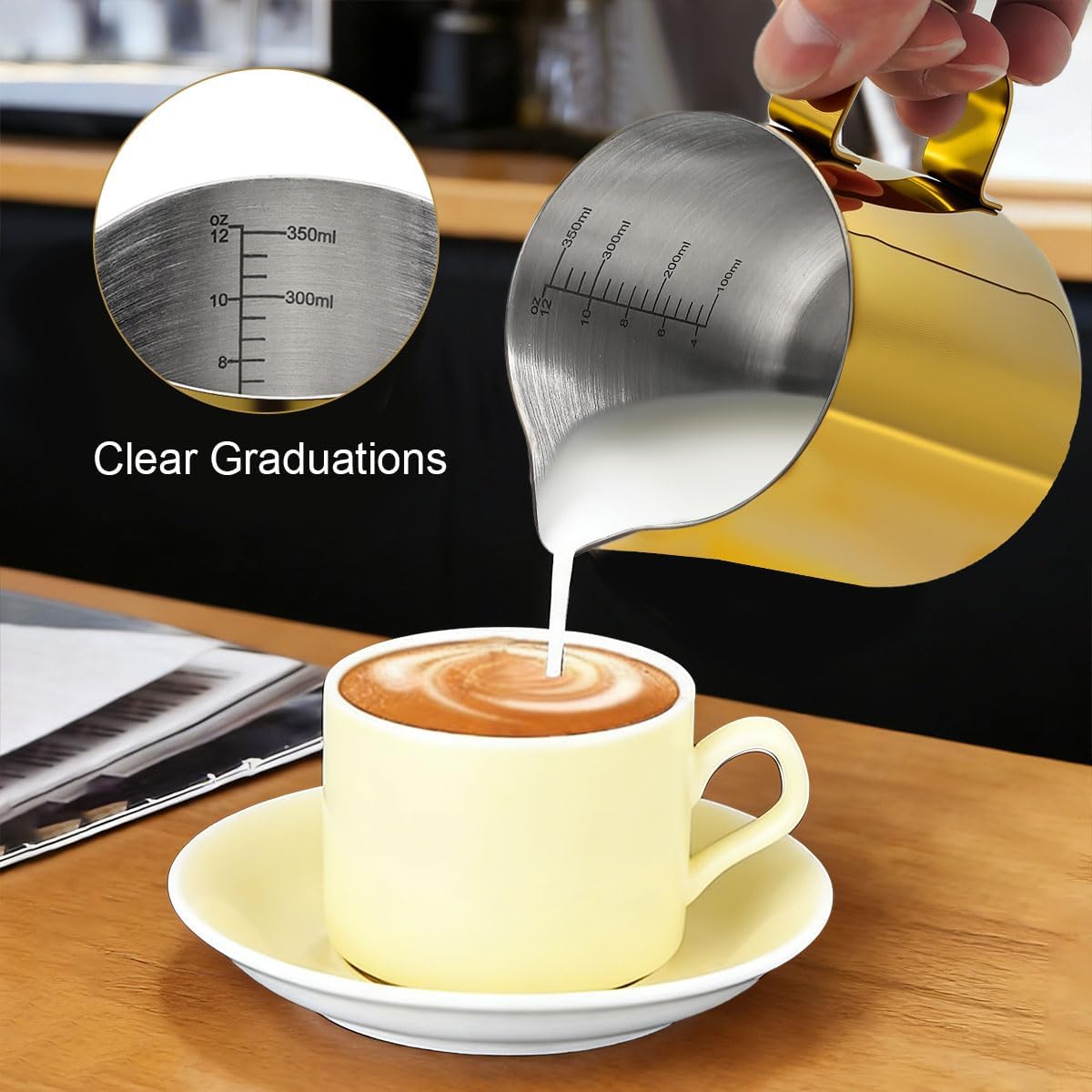 Gold Professional Milk Frothing Pitcher Set, 12oz (350ml) Stainless Steel Milk Frother Cup with Espresso Accessories, Includes Latte Art Pen, 3 Coffee Spoons, and Handheld Electric Foam Maker