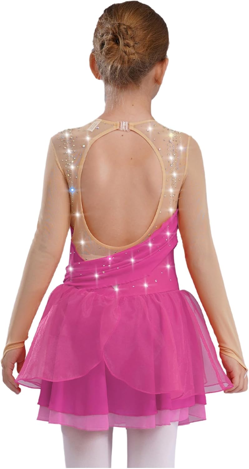 Kids Girls Ice Figure Skating Dress Ballet Dance Leotard Shinny Long Sleeve Tutu Skirt Lyrical Dancewear