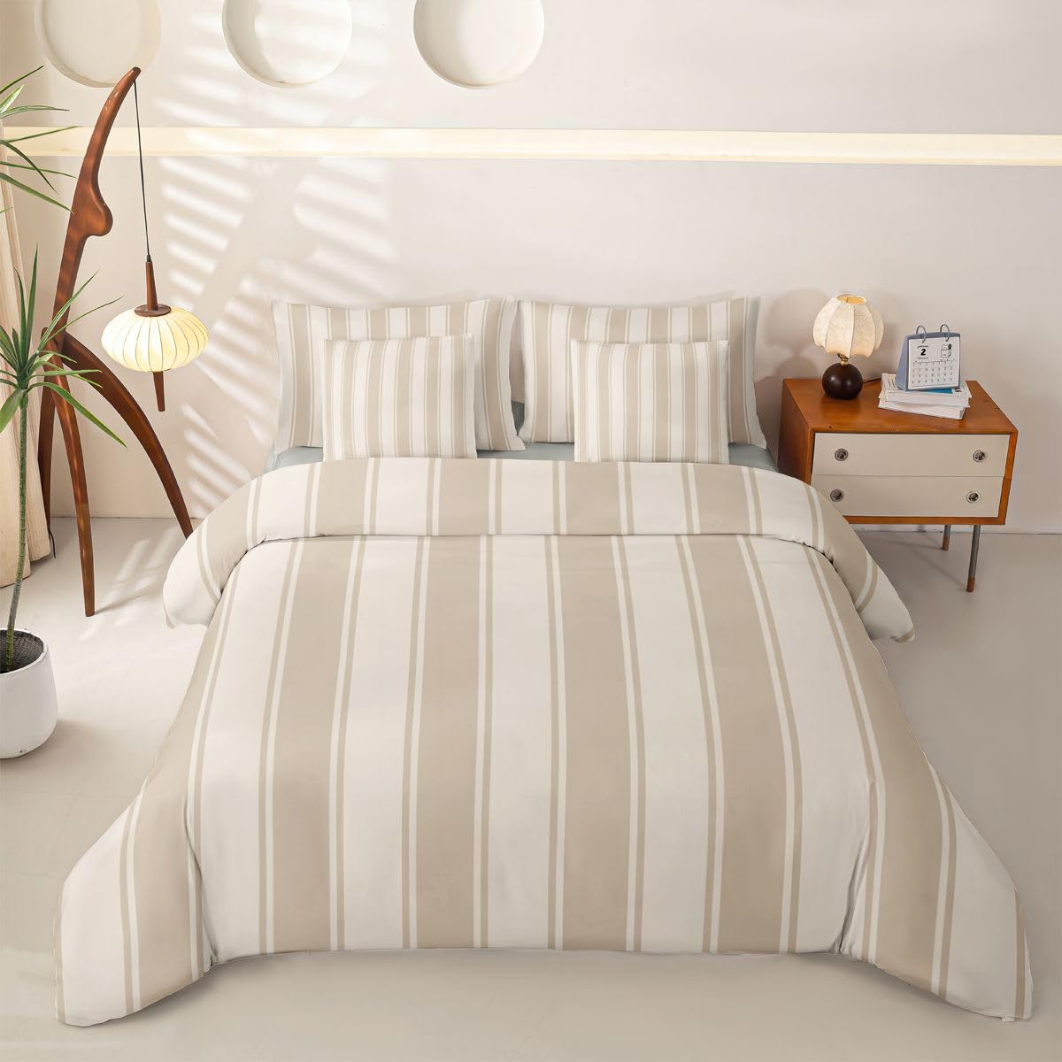 Homewish Set copripiumino king size a righe beige e marrone, 7 pezzi