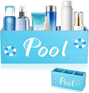 CIEOVO Sunscreen Pool Storage Basket Summer Wood Poolside Box Basket with Compartments Storage for Indoor Outdoor Swimming Beach Indoor Sunscreen Sunblock Accessories