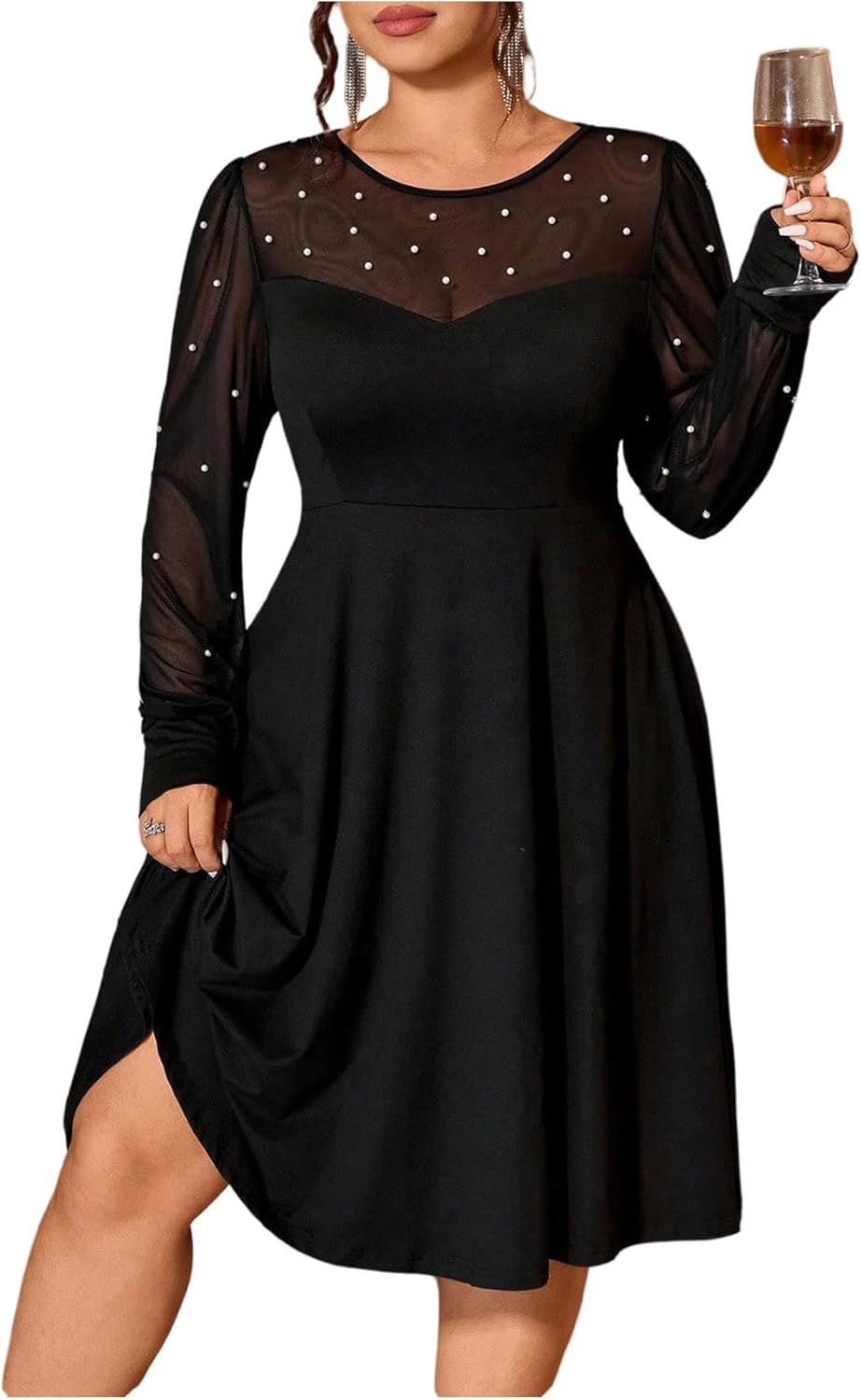 Women's Plus Size Pearls Short Dress Elegant Mesh Long Sleeve Crew Neck Party Night Out Dresses