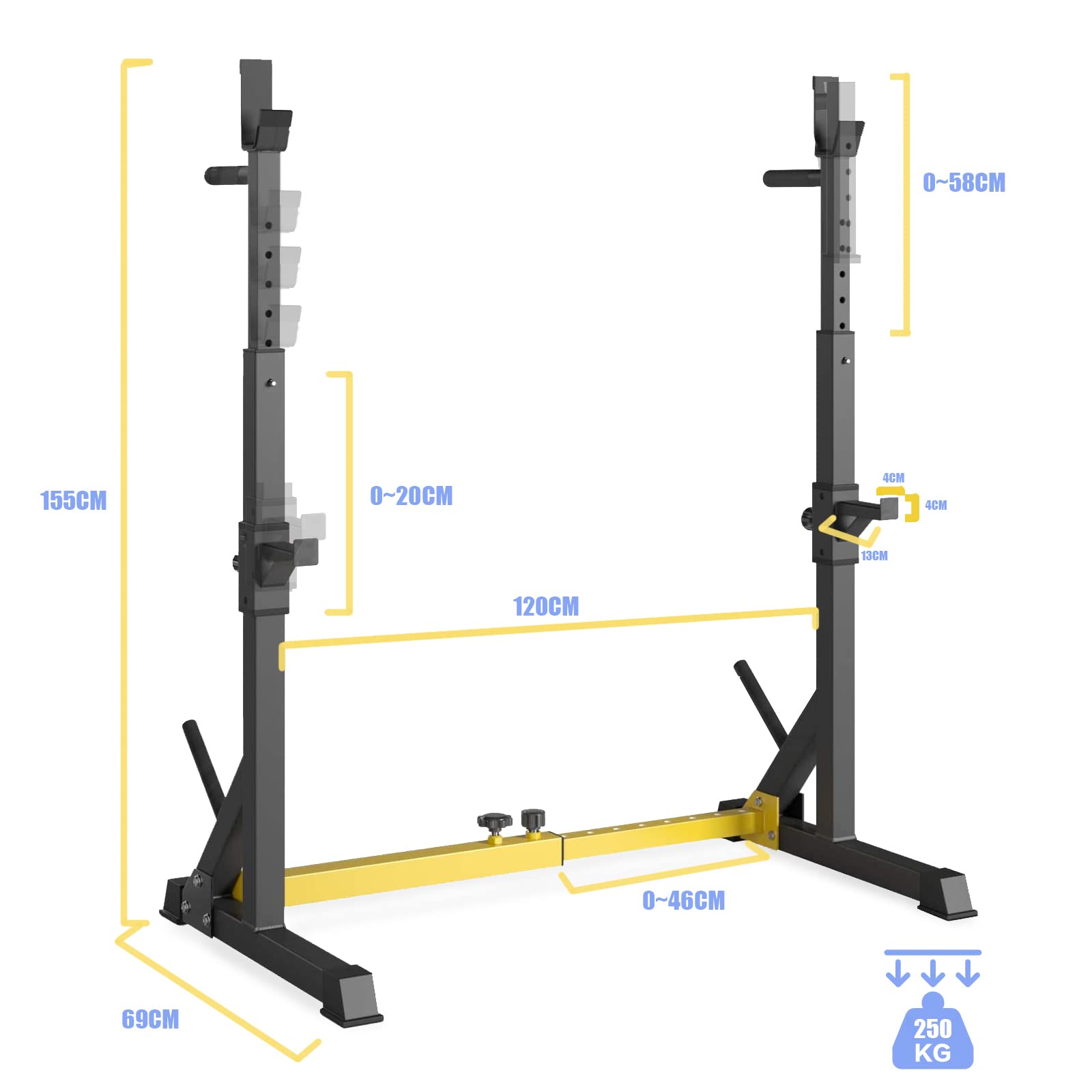Soporte para Pesas, Rack Musculacion, Rejilla para Sentadillas Ajustable, Soporte Multifuncional, Sentadillas y Press Banca y Pull up Deportes, Estante Barra Pesas Hogar Gimnasio, Carga Máx 250KG