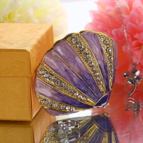 Yu Feng Seashell Trinket Box Hinged Collectible Crystals Jeweled Painted Enameled Decorative Jewelry Holder Box(Purple) #TOP4