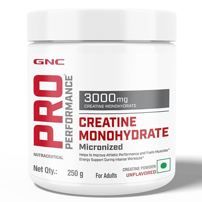 GNC Pro Performance Creatine Monohydrate | 250 gm | 83 Servings | Boosts Athletic Performance | Micronized & Instantized | Fuels Muscles | Provides Energy Support for Heavy Workout | Unflavoured