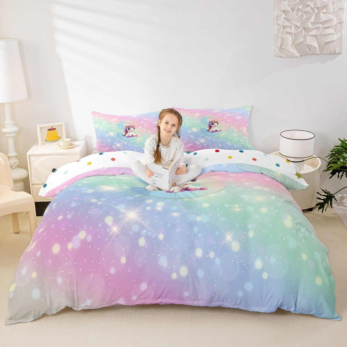 Unicorn Girls Duvet Cover Toddler For Kids Rainbow Pink Unicorn Bedding Set, Galaxy Stars Gradient Glitter Comforter Cover For Princess Style Room Decor Kawaii Cute Alphabet S Bed Set, Lightweight