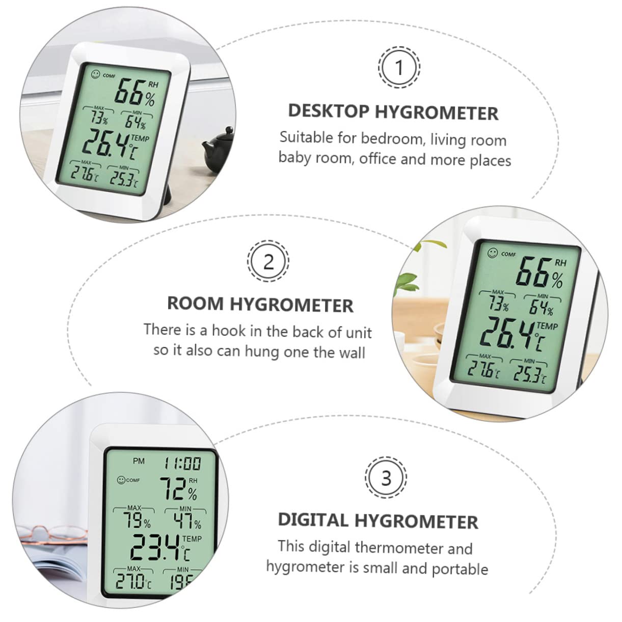 SUPVOX 3pièces Hygromètre Numérique Intérieur Moniteur De Température Et Humidité Économique Écran Large Support Pour Chambre Bureau Cuisine Et Salle De Bébés Sans Pile