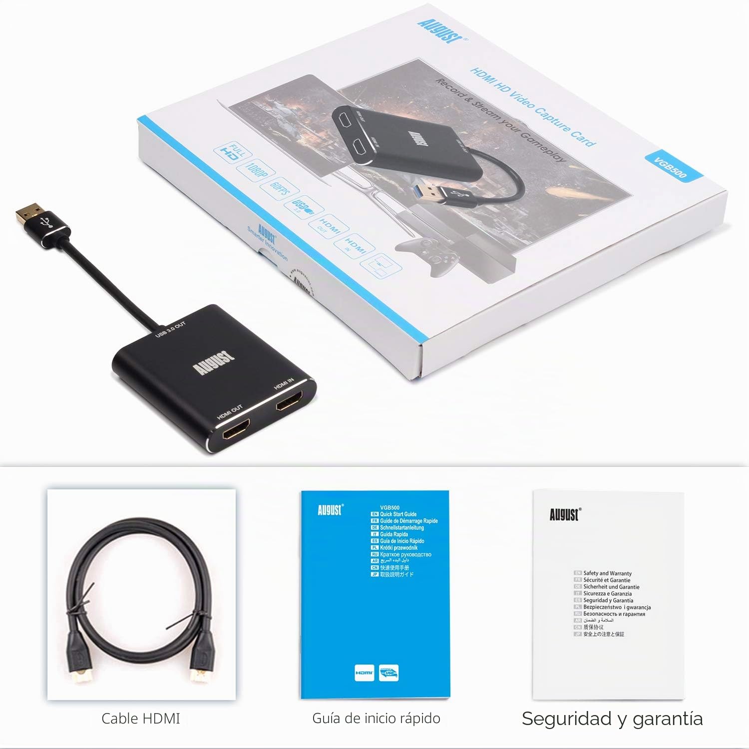 August VGB500 Transmisor Capturador HDMI - USB 3,0 Full HD 1080p 60fps - Capturador, Grabador y Transmisor Compatible con PS4, PS5, Xbox One y Switch para PC, Mac & Linux