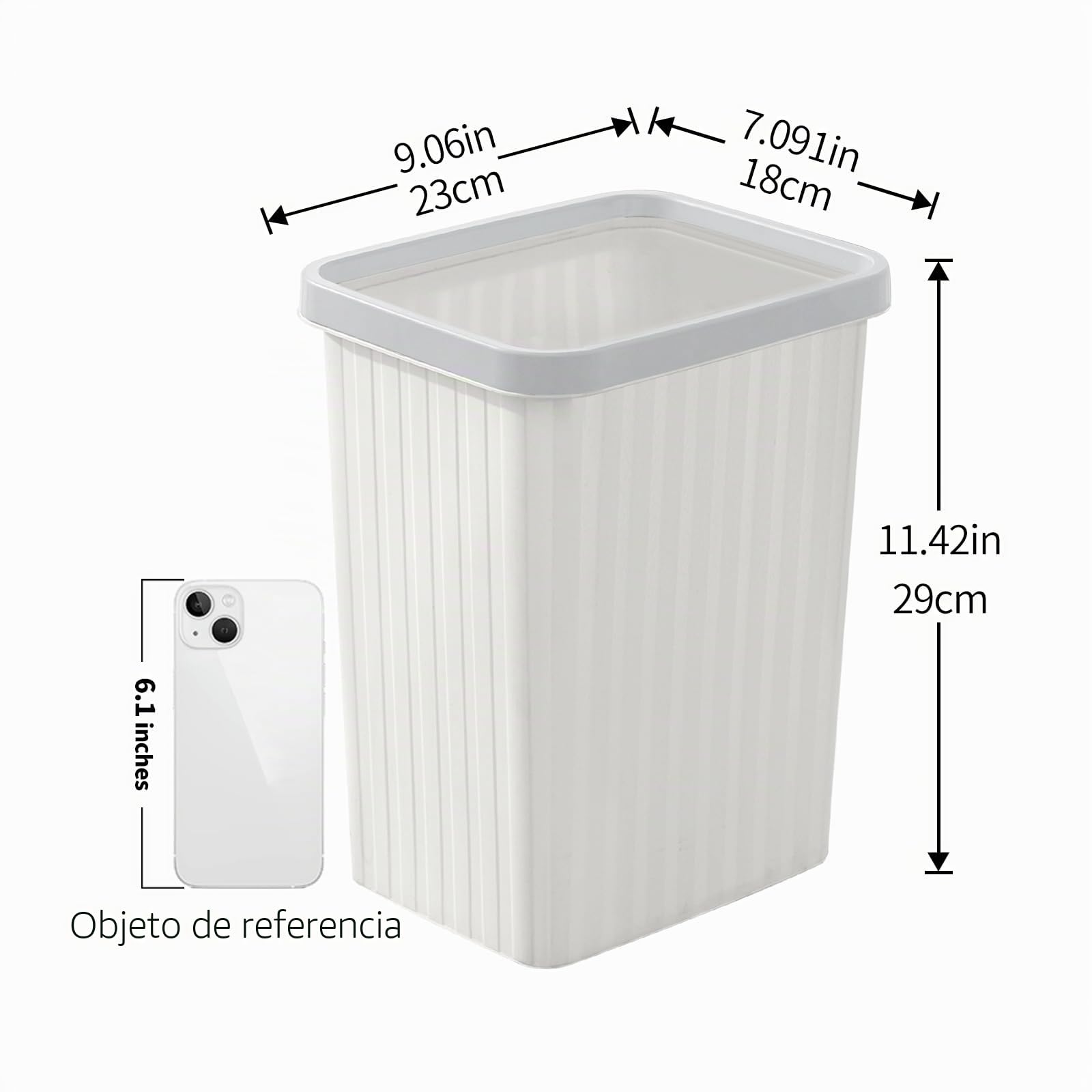Cetomo 8.2L*3 Papelera de Basura de Plástico, Bote de Basura, Papeleras Pequeñas, Papelera Para Dormitorio, Canasto de Basura Cuadrado con Raya Sólida, Empilables, Mate, PP, Blanco, 8.2L-3 Unidades