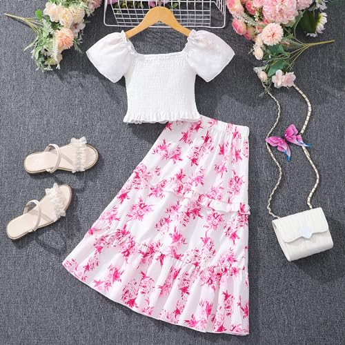 Image of Girls 2PCS Shirred Puff Sleeve Ruffle Hem Top Blouse and Floral Print Elastic Waist Long Ruffle Hem Skirt Sets