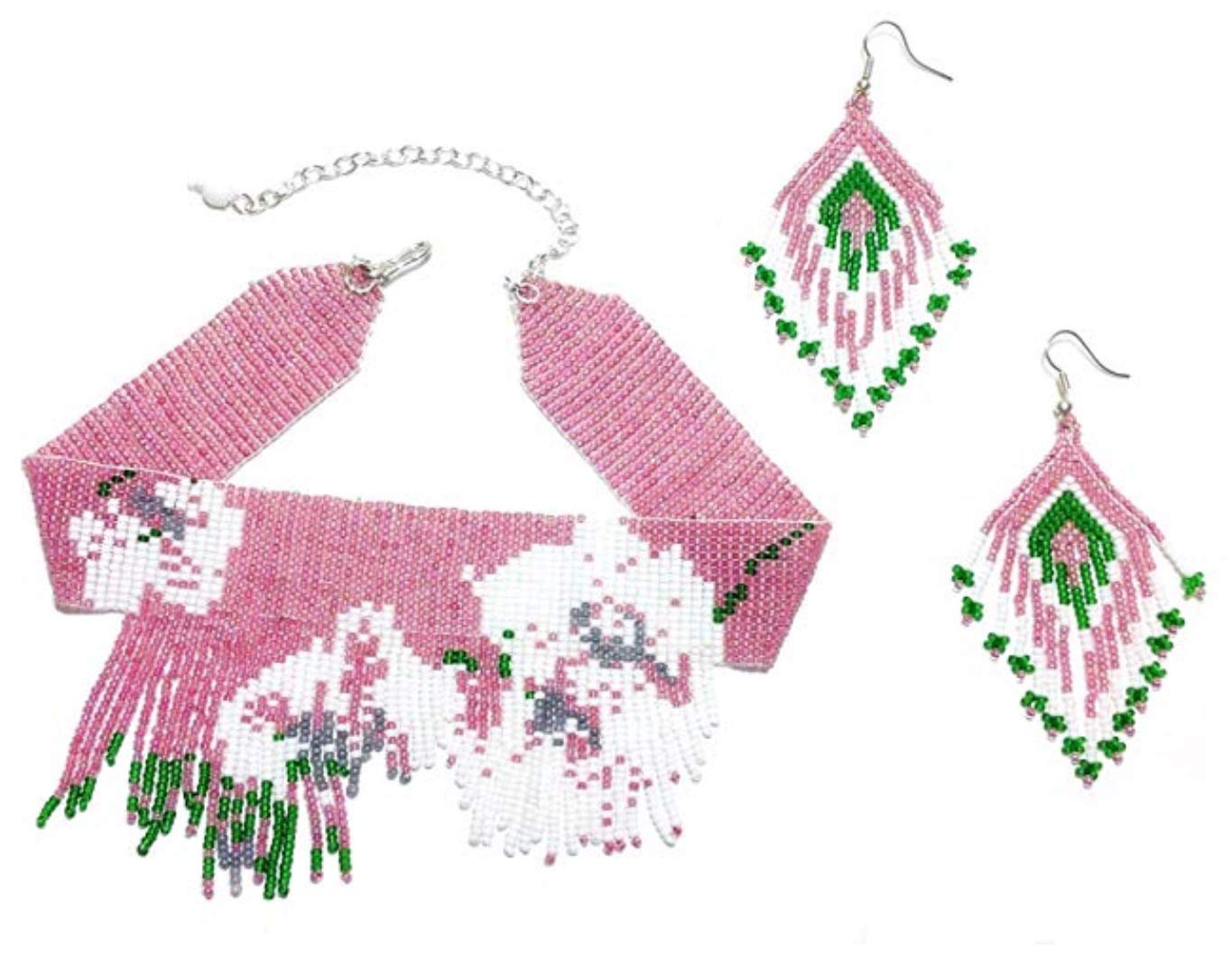 Distinctive Designs Handmade Beaded Southwestern Indian Choker Necklace & Earrings Set with Gift Bag (Pink, Green & White)