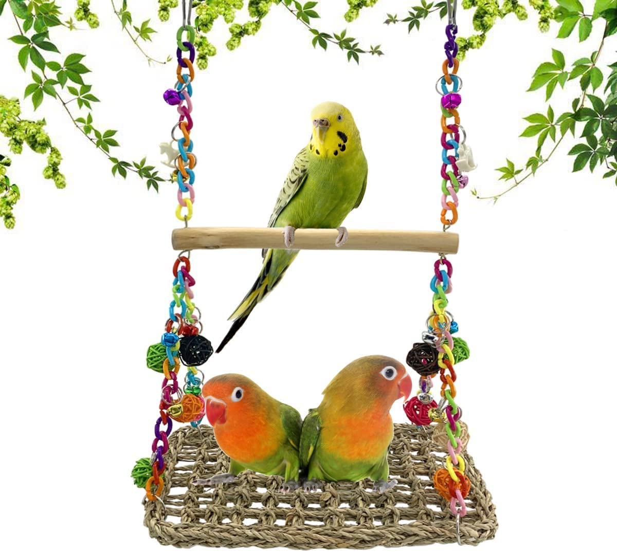 jaffiustBird Seagras Swing Toys with Wood Perch Bird Parrot Trapeze Swing Seagrass Bird Climbing Hammock Bird Perch Stand Chewing Toy for Lovebird, Cockatiel, Budgie