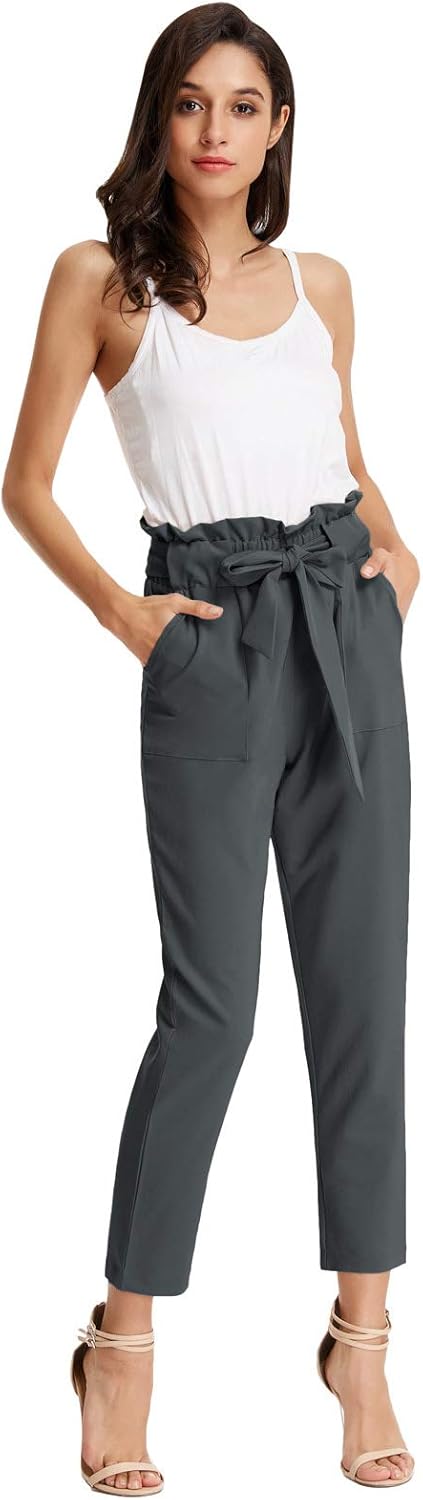 GRACE KARIN Women's Cropped Paper Bag Waist Pants with Pockets Small Charcoal Gray