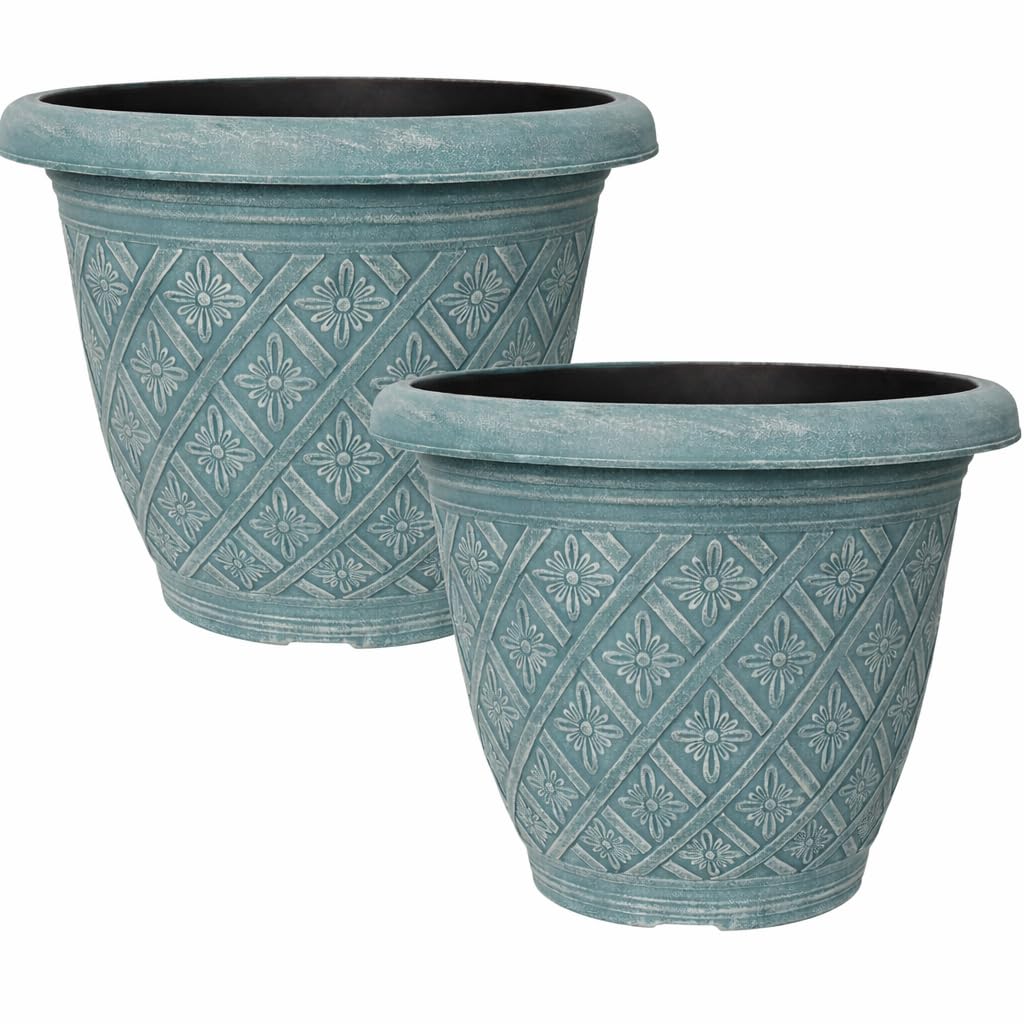 Fyne-Finds Teal Set Of 2 Round 33Cm 13Inch Garden Plant Pot Woven Flower Outdoor Decor Planter Frost Proof, Weatherproof, Drainage Hole (Teal)