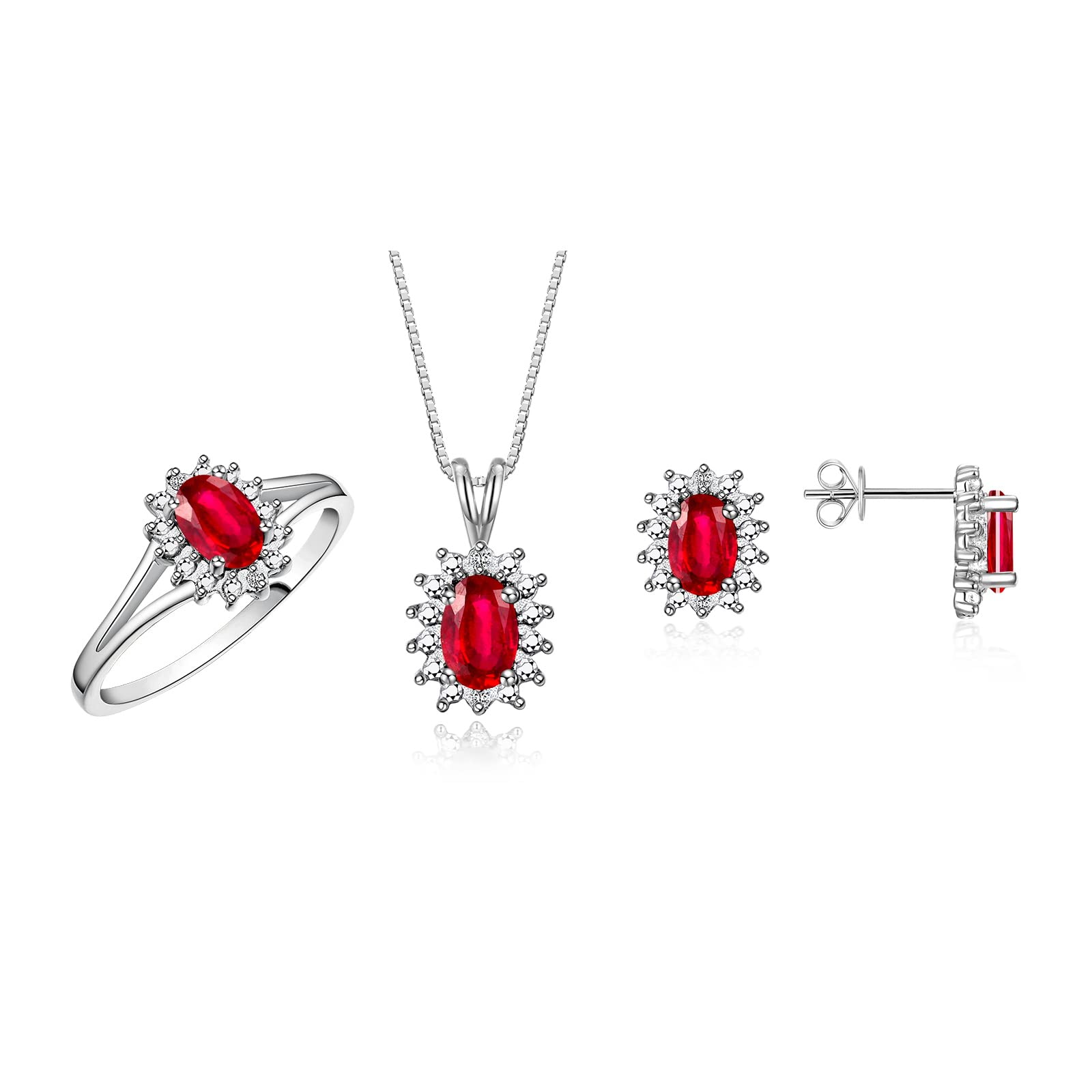 RYLOS Set di pietre portafortuna da donna in argento Sterling: anello, orecchini e collana con ciondolo. Pietra preziosa e diamanti veri, pietra portafortuna 6 x 4 mm. Gioielli dell'amicizia