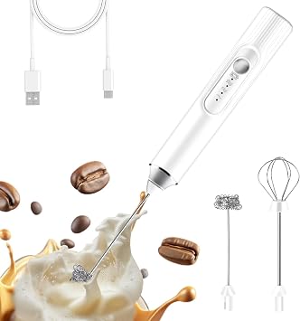 Milk Frother Hand Mixer, Rechargeable Electric Whisk, Cordless Handheld Foam Stirrer with 2 Heads 3 Speeds, For Latte, Cappuccino, Hot Chocolate, Egg, Protein Powder White