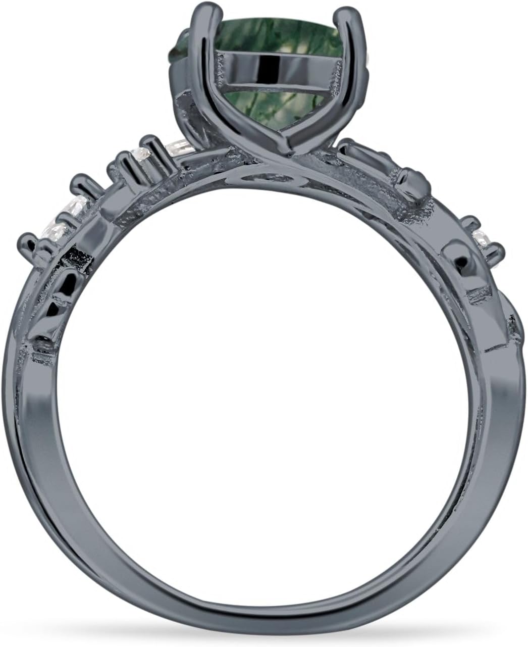 OMRANII Two Piece Pear Teardrop Natural Green Moss Agate Leaf Infinity Twisted Curved Band Bridal Set Vintage Style Wedding Engagement Ring 925 Sterliing Silver