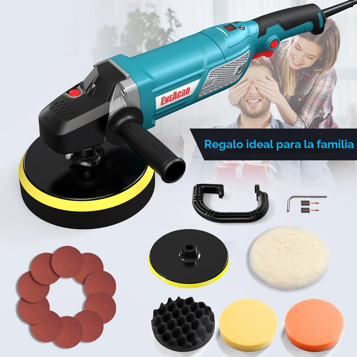ENEACRO Pulidora Coche, 1800W Máquina Pulidora, Velocidad Variable con Pantalla LCD, Plato de Apoyo 150/180mm, Mangos Desmontables, Ideal para Lijar, Pulir y Encerar Barcos y Coches