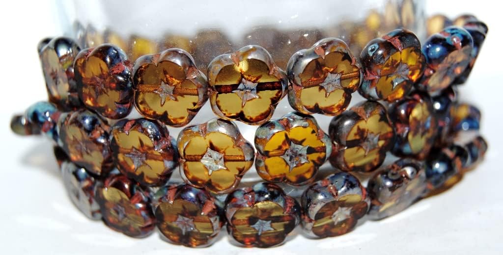 60 pcs Table Cut Flower Beads, Transparent Green Emerald Hematite (50720 14400), Glass, Czech Republic, Size 14 mm (0.55 in)