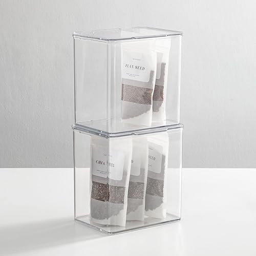 Miniatura 3 de mDesign Caja apilable de plástico con tapa con bisagras, para cocina, despensa, armario, neveracongelador, caja organizadora profunda para