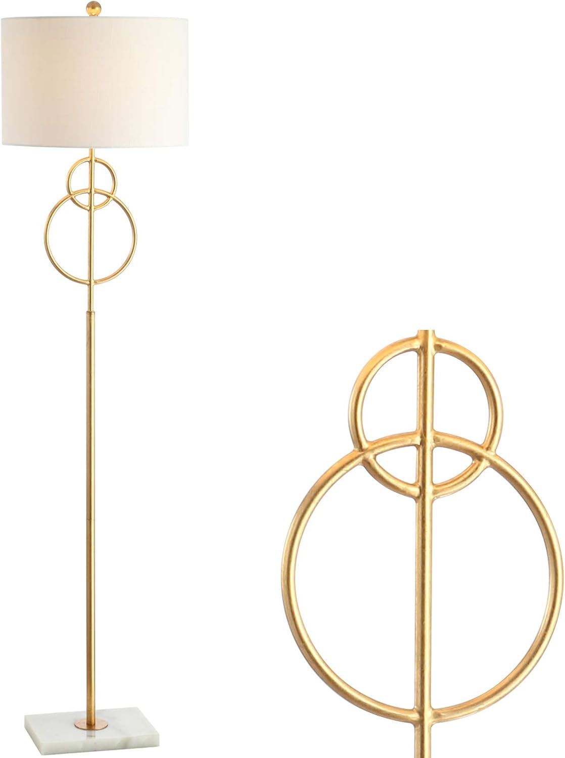 JONATHAN Y 60" Gold Leaf Modern Circle LED Floor Lamp with Marble Base, Contemporary Glam Standing Light for Living Room Bedroom, White Linen Shade, LED Bulb Included JYL1097A