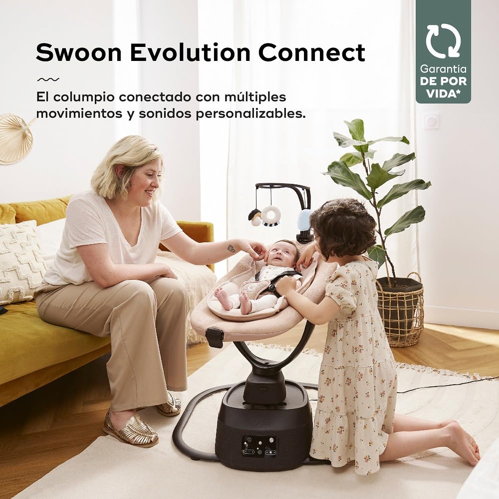 Babymoov Balancín eléctrico bebé Swoon Evolution Mocca - Conectado con aplicación móvil - Streaming musical,grabación de voces,canciones de cuna personalizadas - Asiento de 360°-Reductor recién nacido
